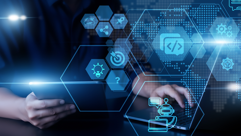 Man using laptop and tablet to analyze chatbot data. AI conversation systems, customer interaction analytics, automation workflows, sentiment analysis, support efficiency, engagement growth