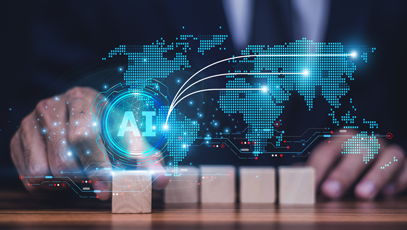 Businessman using AI technology for logistic management improves efficiency by automating route planning and optimizing inventory control, leading to faster deliveries and reduced costs.