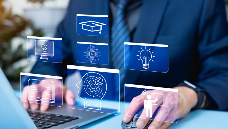 Digital internet lessons and online seminars displayed on virtual screens. E-learning platforms empower entrepreneurs to engage with internet and digital technology education.