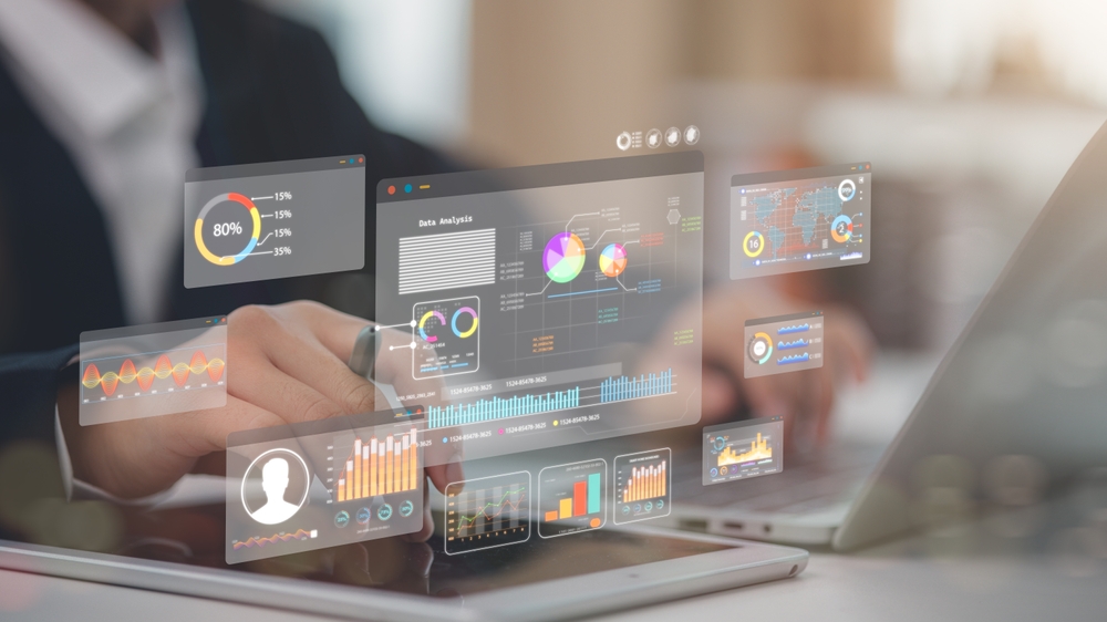 An analyst uses a computer and dashboard for data business analysis and a Data Management System
