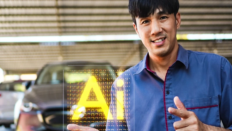 AI fix Technology AI fix car repair on car Lift in garage dealership Fix the car with a touch touching UI screen interface point to the point corrected New technology in IOT car business industry