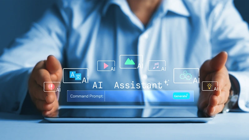 Woman interactions with AI assistant bot  to help work,providing smart support, instant answers, task automation, and personalized guidance, making technology more accessible.AI technology is future.