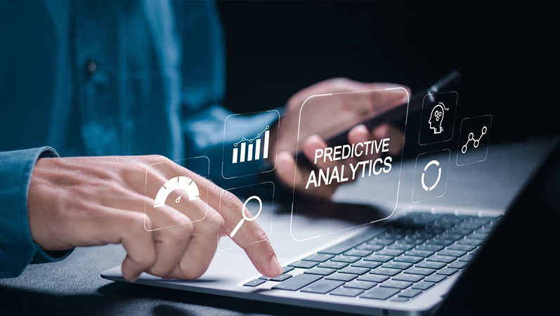 Predictive analytics. Businessman using laptop with automation and predictive modeling for useful insights and decision making.