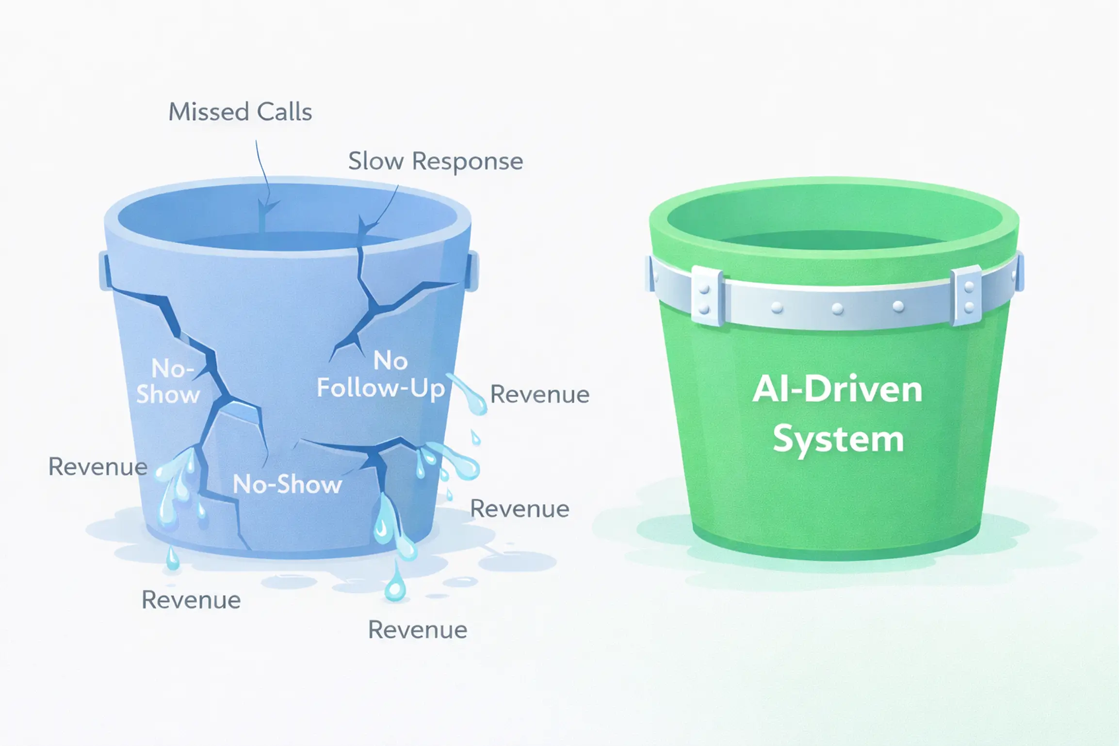 one leaking bucket and one intact bucket to display the differences in small businesses that use or dont use ai agents