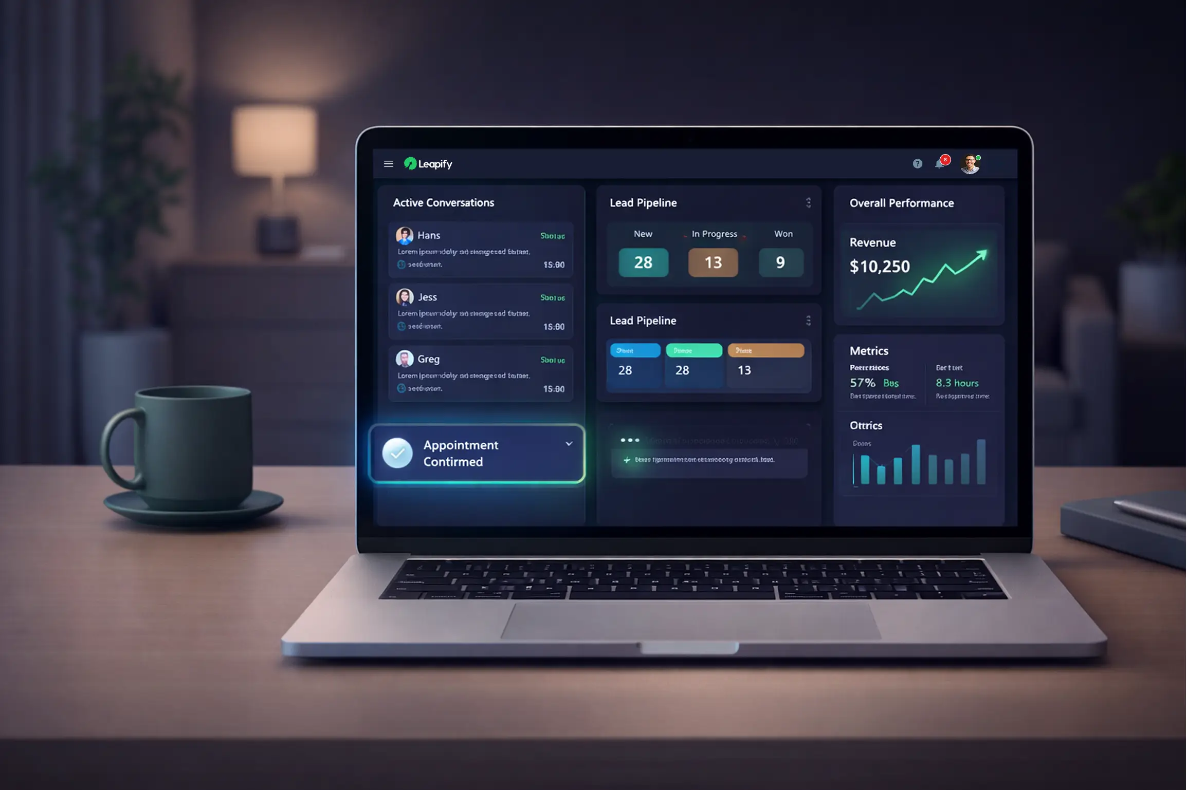 laptop on desk in bedroom with leapify dashboard on screen