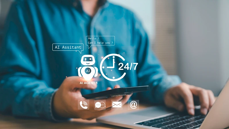 AI assistant chatbot providing 24 hours customer support, man using smartphone and laptop virtual agents, automation technology digital service online communication and business efficiency tools.