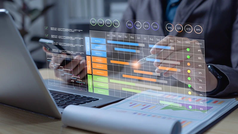 Businessman managing time with AI technology, virtual calendar showing agenda, reminders, and project analysis for efficient work.