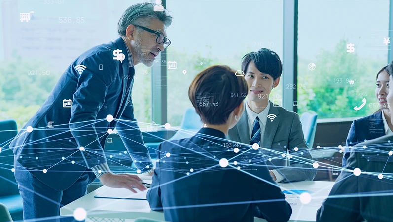 Group of businessperson meeting in office and communication network concept. Technology of business.