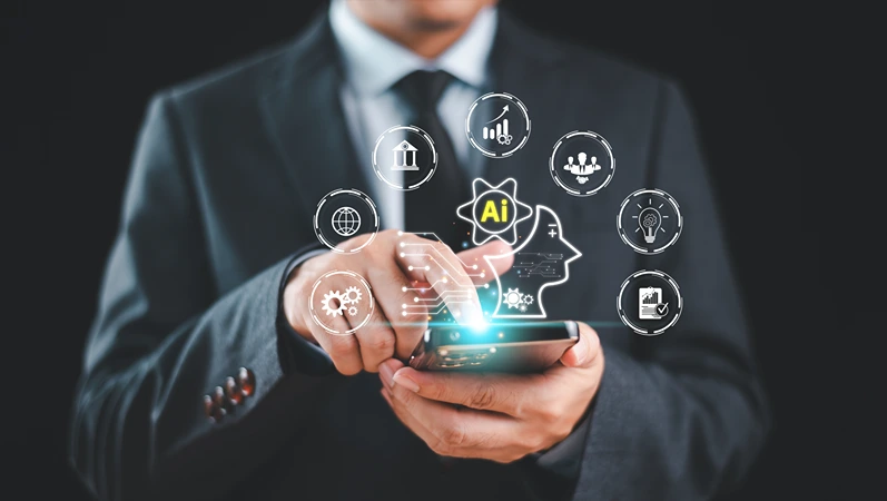 AI help analysis business concept. Artificial intelligence technology assistance in futuristic daily life, customer service. Businessman use Smartphone AI application. Modern technology to help work