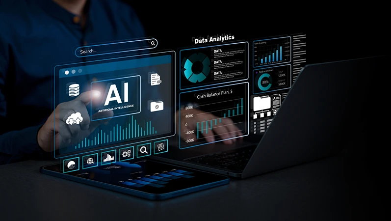 AI Data analysis. Analyst working with computer in Business Analytics and Data Management System with KPI and metrics connected to the database for technology finance, operations, sales, marketing. 