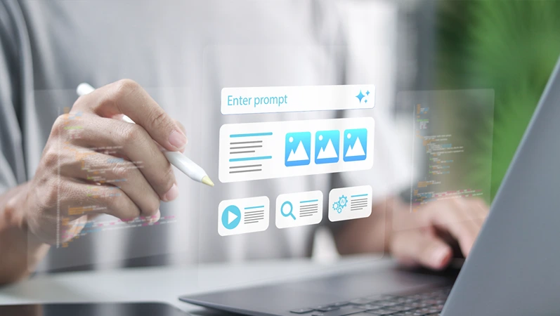 SGE, Search Generative Experience concept. Person using laptop with AI Landing Page builder generation tools. Create a website with AI powered web design.