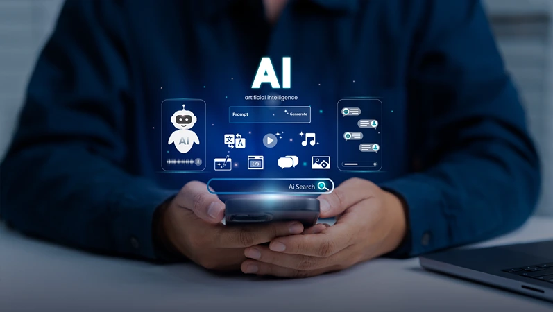 Artificial Intelligence and mobile technology concept. Man using smartphone for AI Search, Generative Edit, Live Translate, Chatbot assistant conversation. AI Agent. Chatbot. Agentic workflows. LLM.