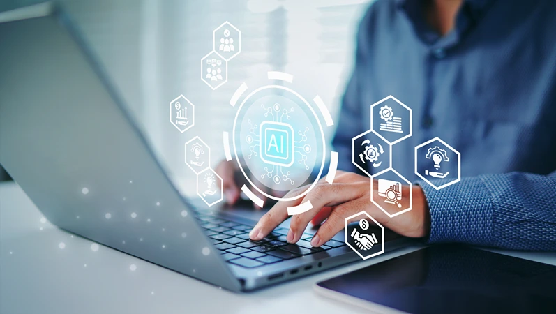 AI Artificial agents with Ai Assistants to create content to Goals, Man using laptop Technology smart robot AI and workflow chat, and help provide ideas to help in business target.