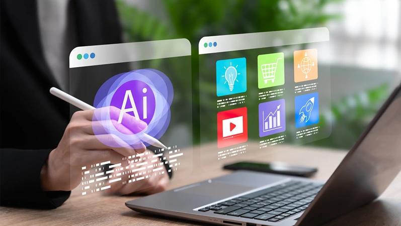 AI-Powered Marketing Development, Businesswomen Coding Artificial Intelligence Software to Enhance Digital Marketing Strategies, Data Analysis, Automation, and Customer Engagement for Business Growth