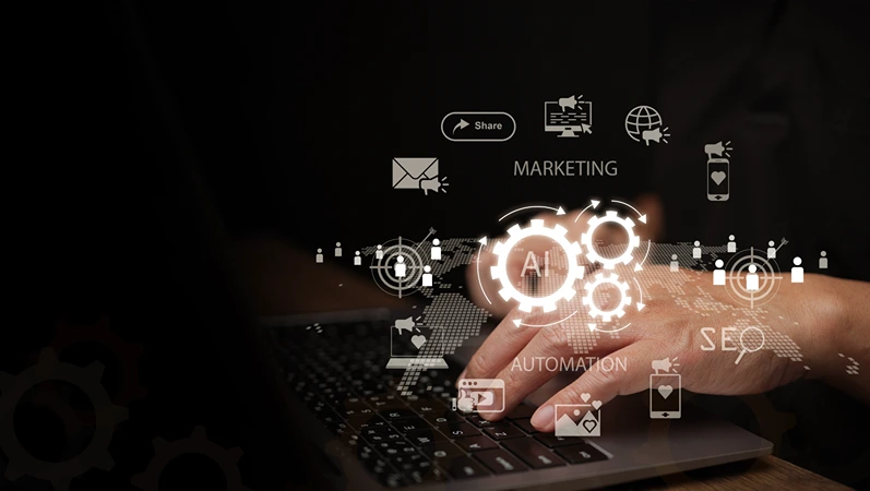 Marketing automation concept. Man with laptop checking automated customer engagement platform, AI powered workflow, lead nurturing, digital market, SEO and data analytics to track marketing tasks