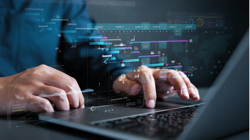 analytics chart, business analysis chart KPI showing icon on virtual screen monitor laptop by hologram virtual screen technology.
