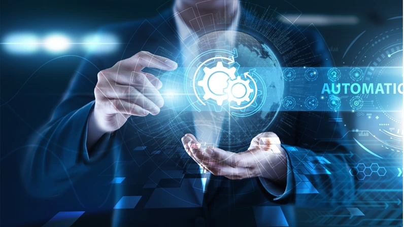 Automation engineer holding efficient global industry, process optimization, robotic systems, workflow integration, AI-driven tasks, industrial control, and digital transformation solutions.