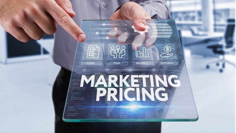 Business, Technology, Internet and network concept . Young business man working on the tablet of the future , select the virtual screen : marketing pricing