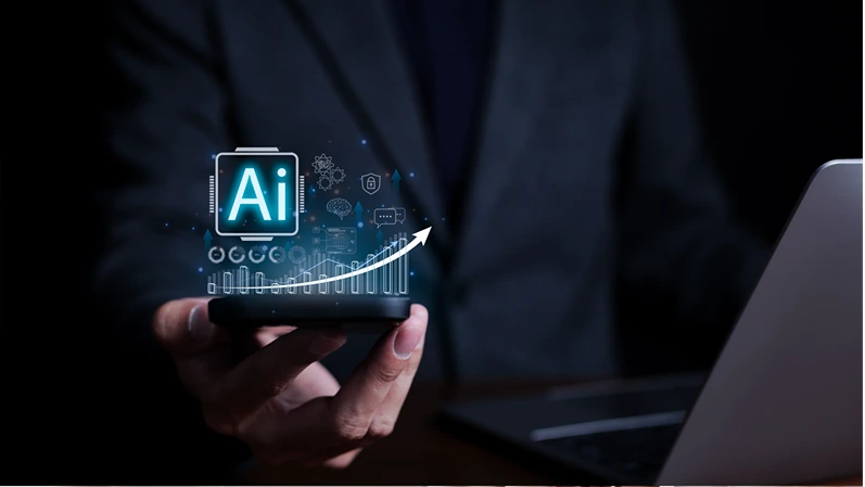 Artificial Intelligence technology concept. Businessmen use AI technology to create business analytics tools. and Use AI in everyday life. intelligent automation, AI Prompt Generate, Machine learning,