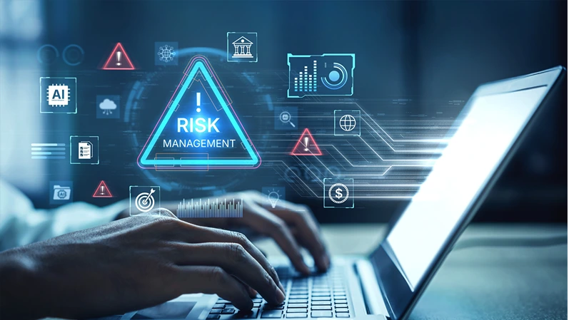 Futuristic risk management featuring AI agents analyzing data, detecting anomalies, and predict financial threats. Represents dynamic risk assessment, compliance, and cyber resilience. Corpus