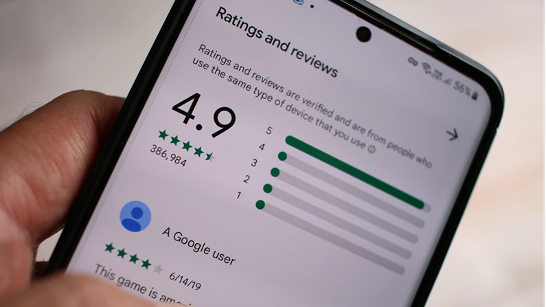 Customer Ratings and reviews score out of 5.0 on Playstore of android smartphone. Jakarta - June 16 2023.