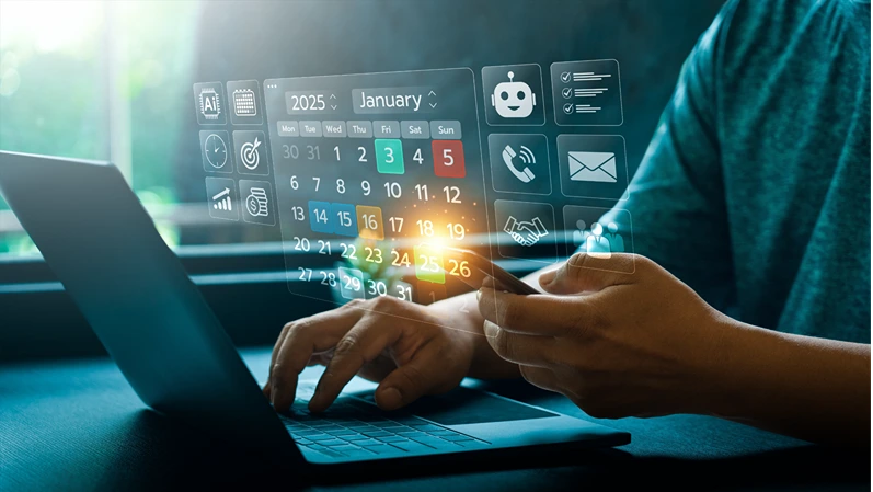 Digital calendar planning assistant powered by artificial intelligence, showing futuristic scheduling interface with task icons, chatbot symbol, and glowing notifications on smart device screen