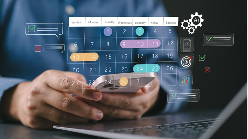 Time management and digital workflow concept. Man using smartphone calendar app to manage task, plan schedules, set reminder and track productivity with AI automation helping monitor progress.