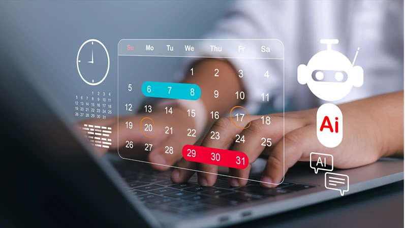 Close up of hands using laptop with digital AI assistant icon and calendar scheduling interface for efficient time management and business automation concept.