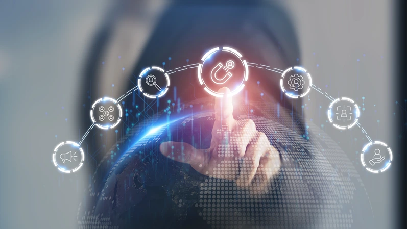 Inbound lead generation concept. Businessman touching on virtual screen with lead generation and strategy icons. Planning to build interest in a product or service and turning interest into a sale.
