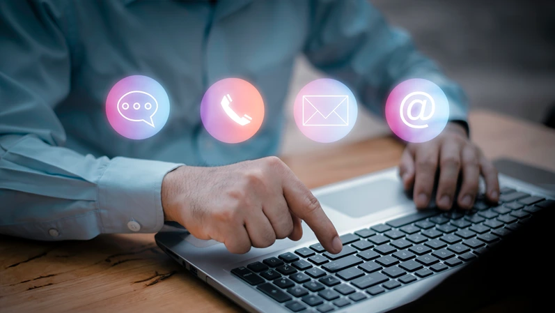 Website page contact us or e-mail marketing concept, Customer support hotline Contact us people connection. Label wood with the email, call phone, address, Chat message icons.