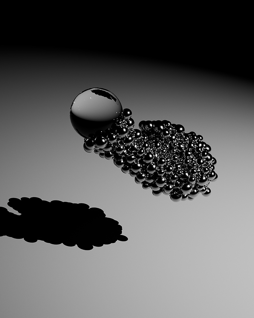 Abstract black and white image of a reflective sphere with smaller clustered spheres and their shadow on a smooth surface.