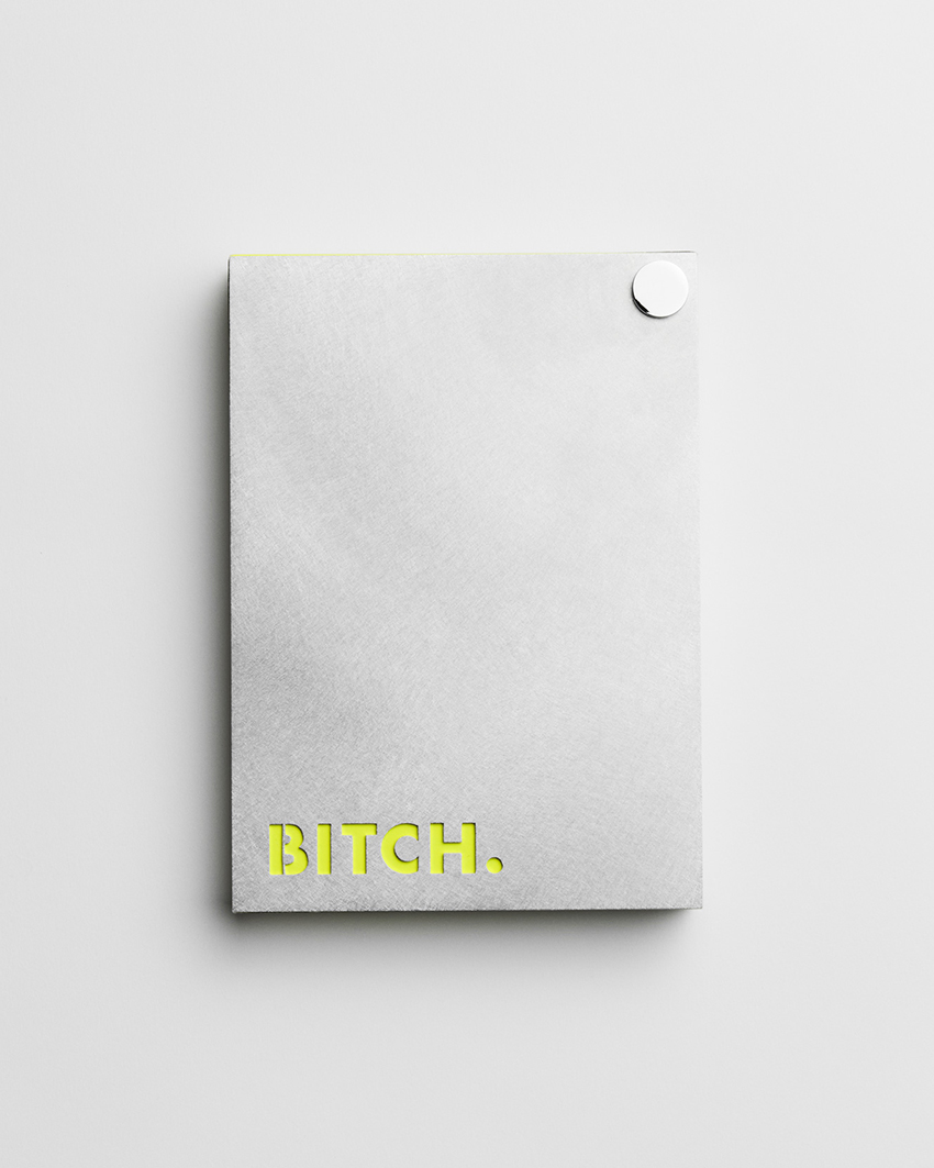 Minimalist book cover with the word “BITCH.” in neon yellow typography on a silver-grey background with a metallic accent in the corner.