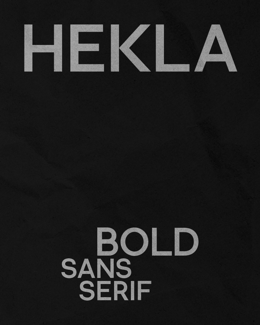 Typography design presentation showing the word ‘HEKLA’ in bold sans-serif font on a black textured background.