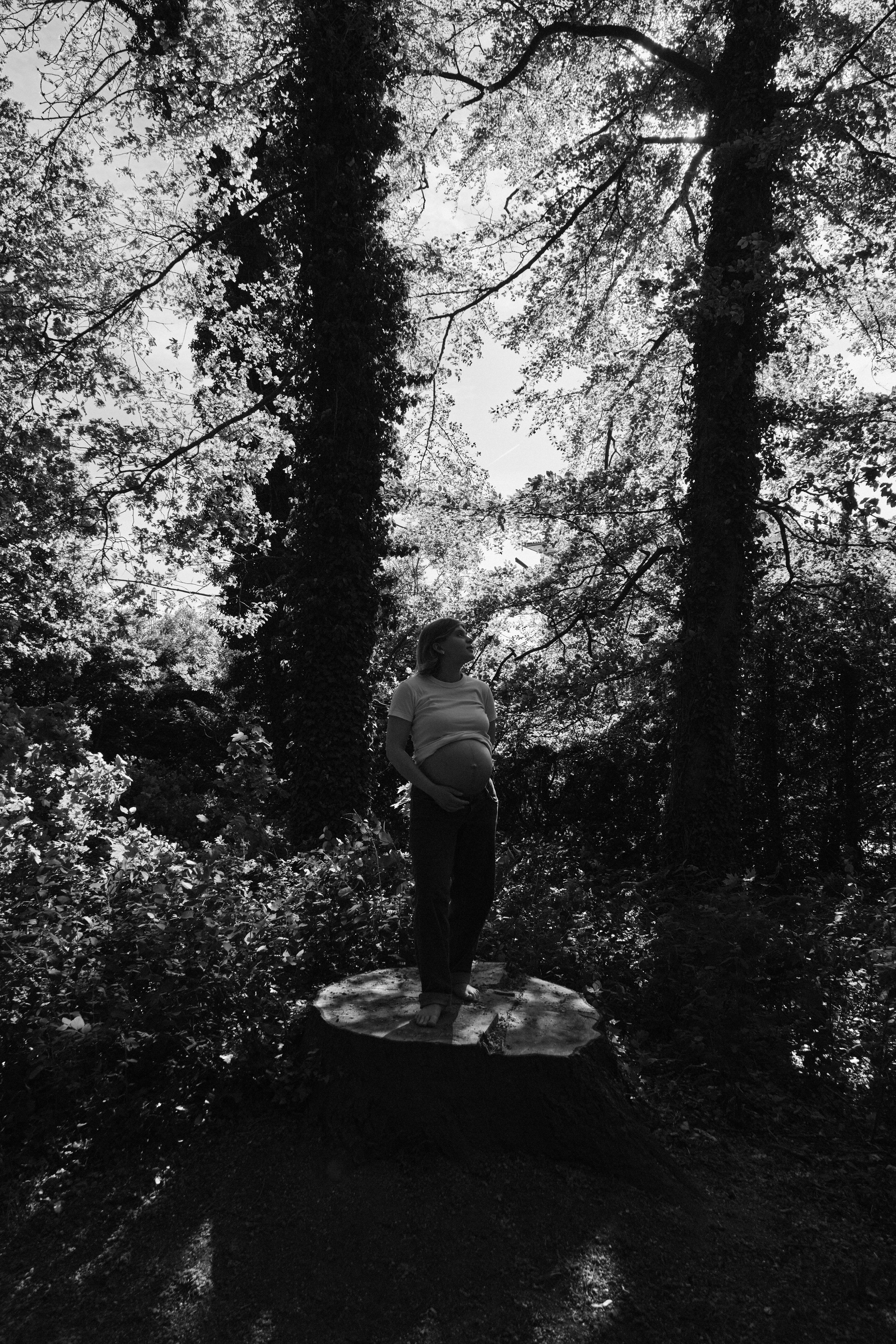     Black and white maternity portrait of Jana Katrín standing barefoot on a tree stump beneath a tall woodland canopy.