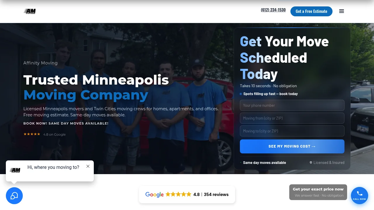 Affinity Moving uniformed crew in blue shirts beside a branded truck for a professional Twin Cities residential move
