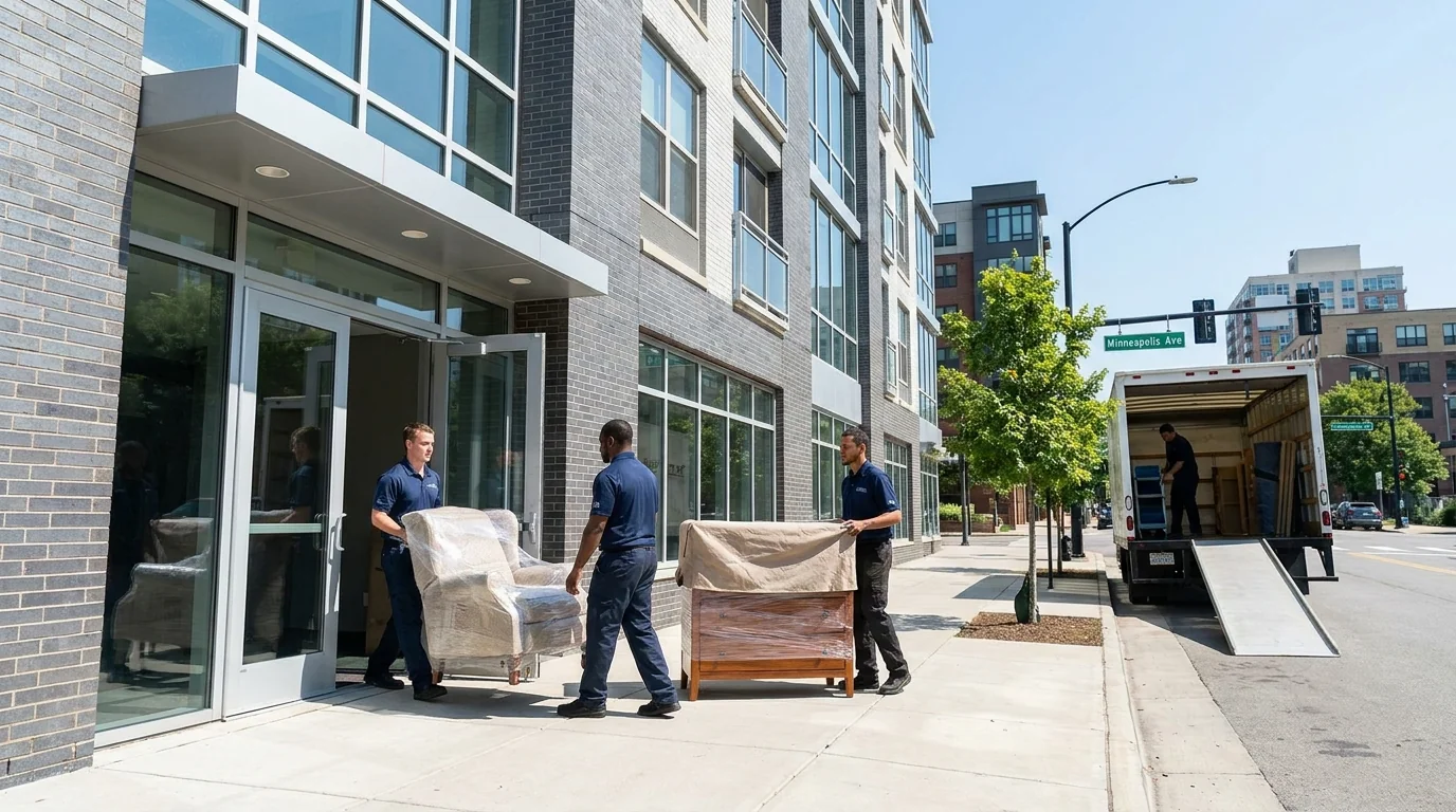 Affinity Moving crew carrying pad-wrapped furniture into a modern Minneapolis apartment building beside a branded box truck on Minneapolis Ave