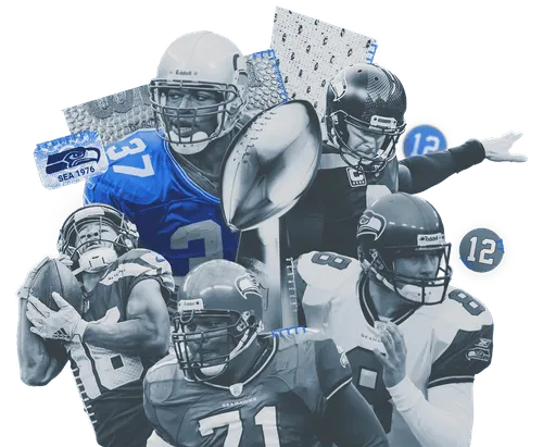 Collage of legendary Seahawks players featured in the Top 50 list, including Walter Jones, Shaun Alexander, Matt Hasselbeck, Tyler Lockett and John Ryanin action across different eras.
