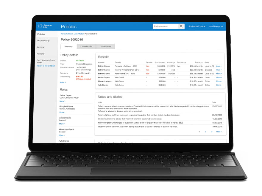 A laptop displaying a redesigned platform for life insurance advisers.