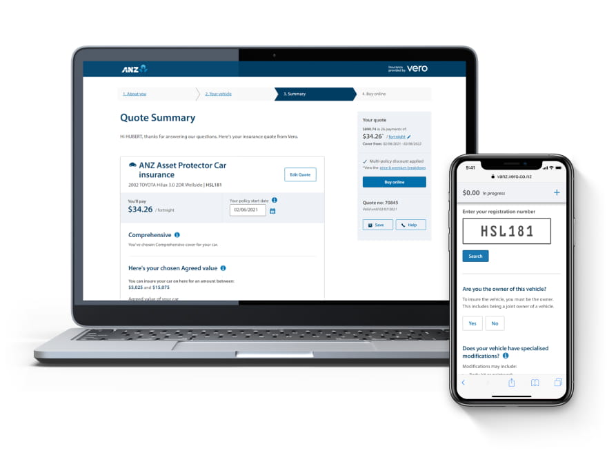 A laptop and smartphone displaying designs of a website for buying car insurance.