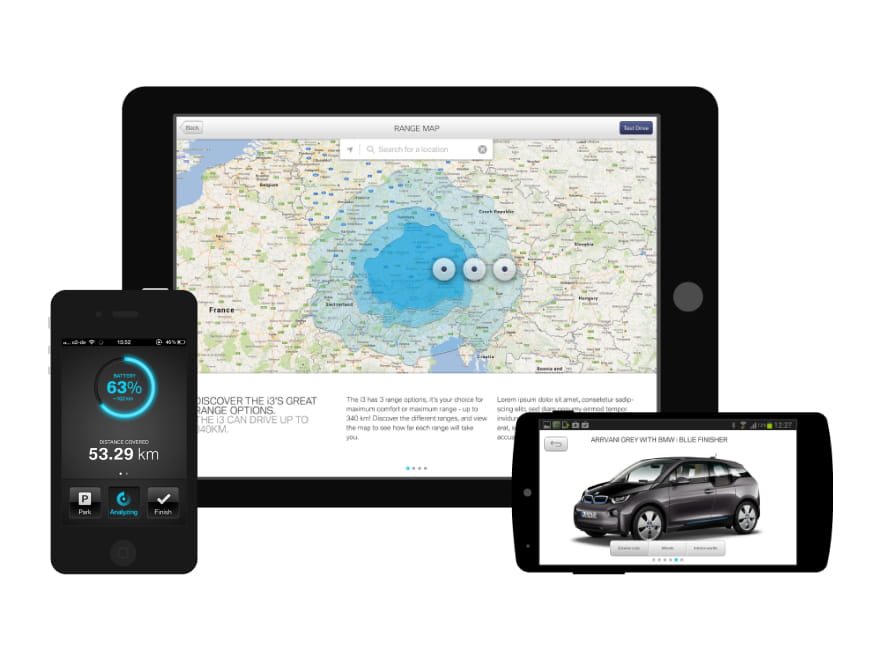 Screenshots of the finished app on an iPad, iPhone and Android mobile device.