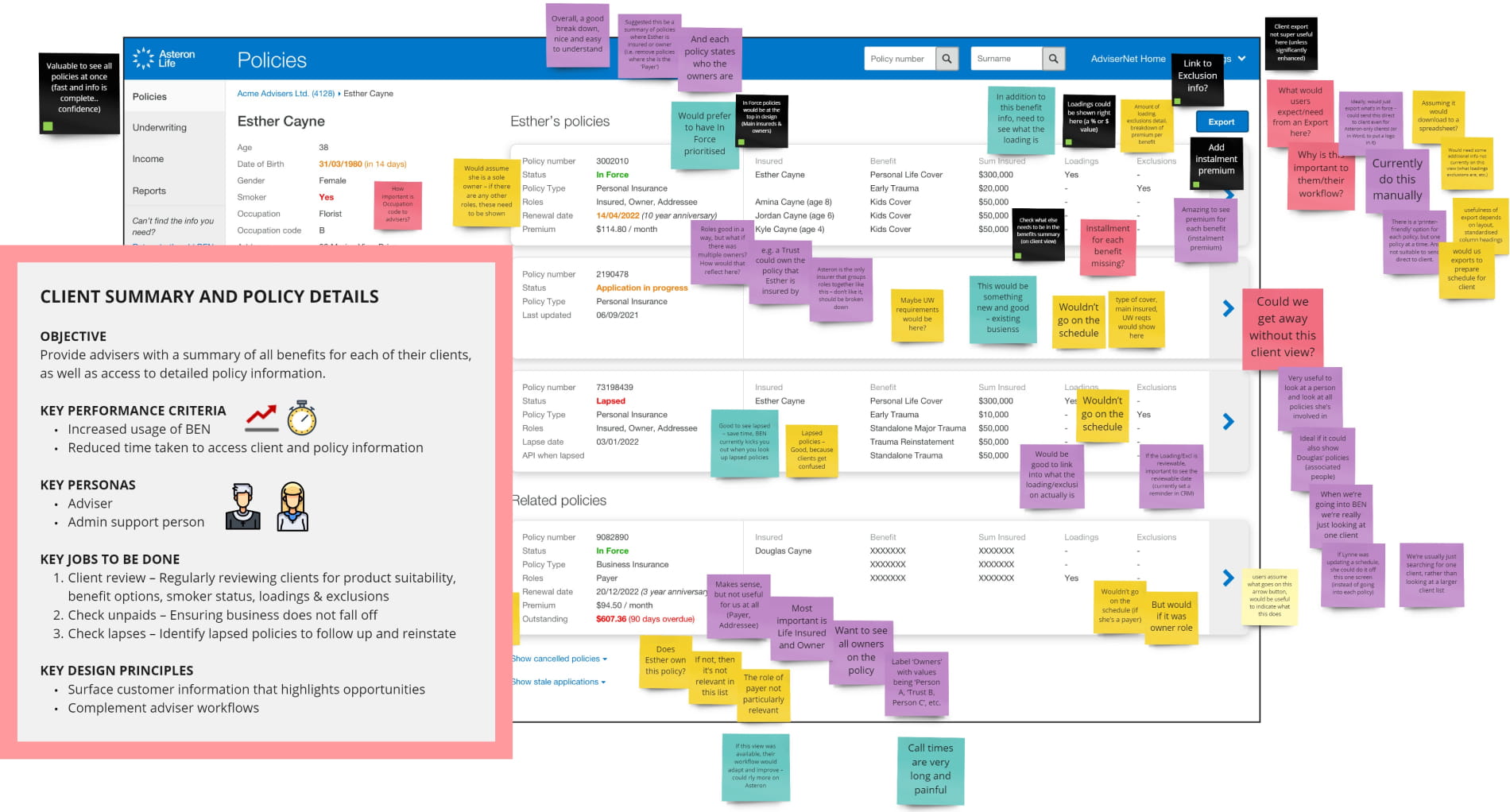 Screenshots of a ‘mini creative brief’ alongside a prototype tested with advisers that is covered in post-it notes.