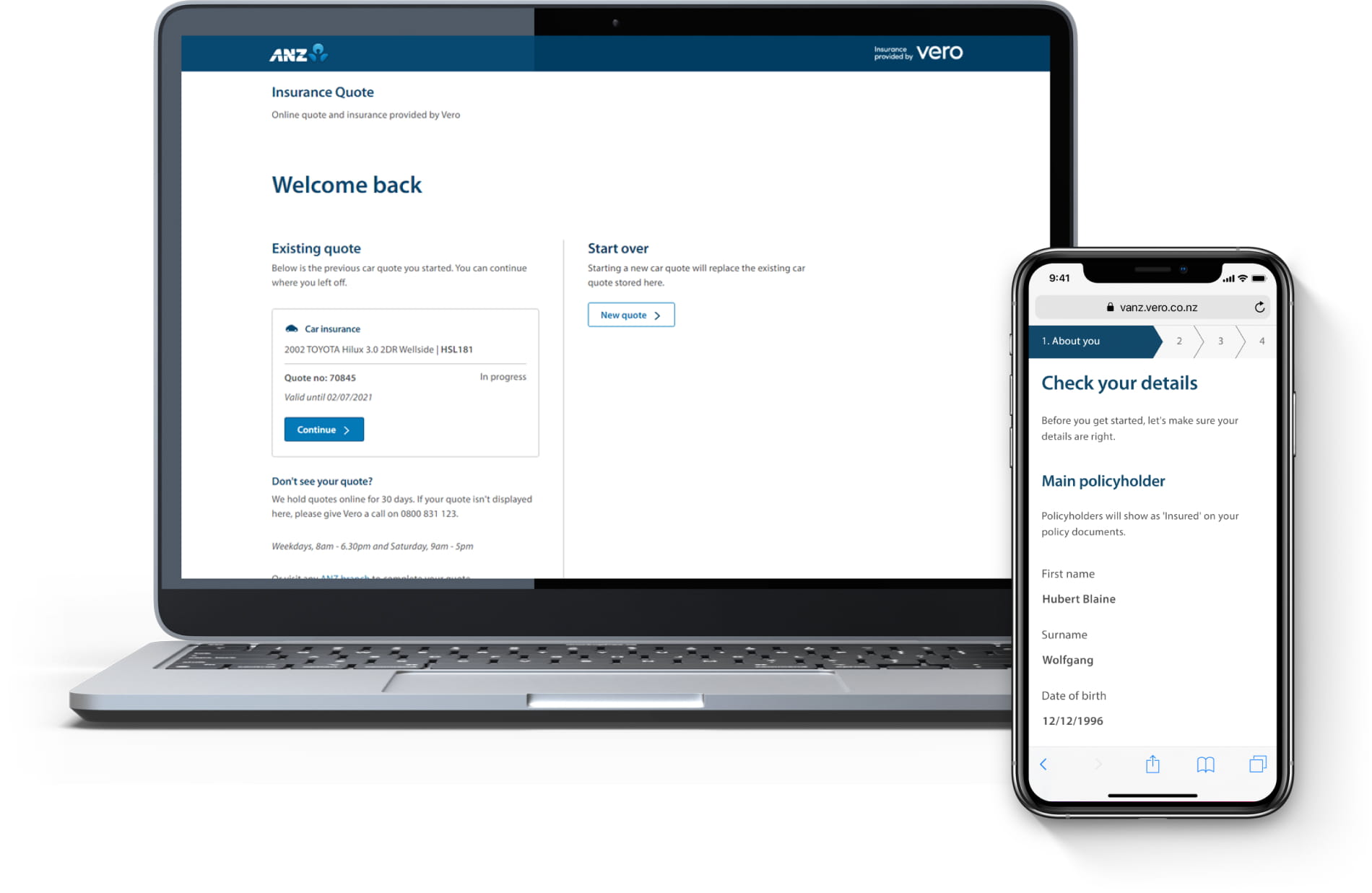 Screenshots of the digital channel in a development environment, displayed on a laptop and smartphone.