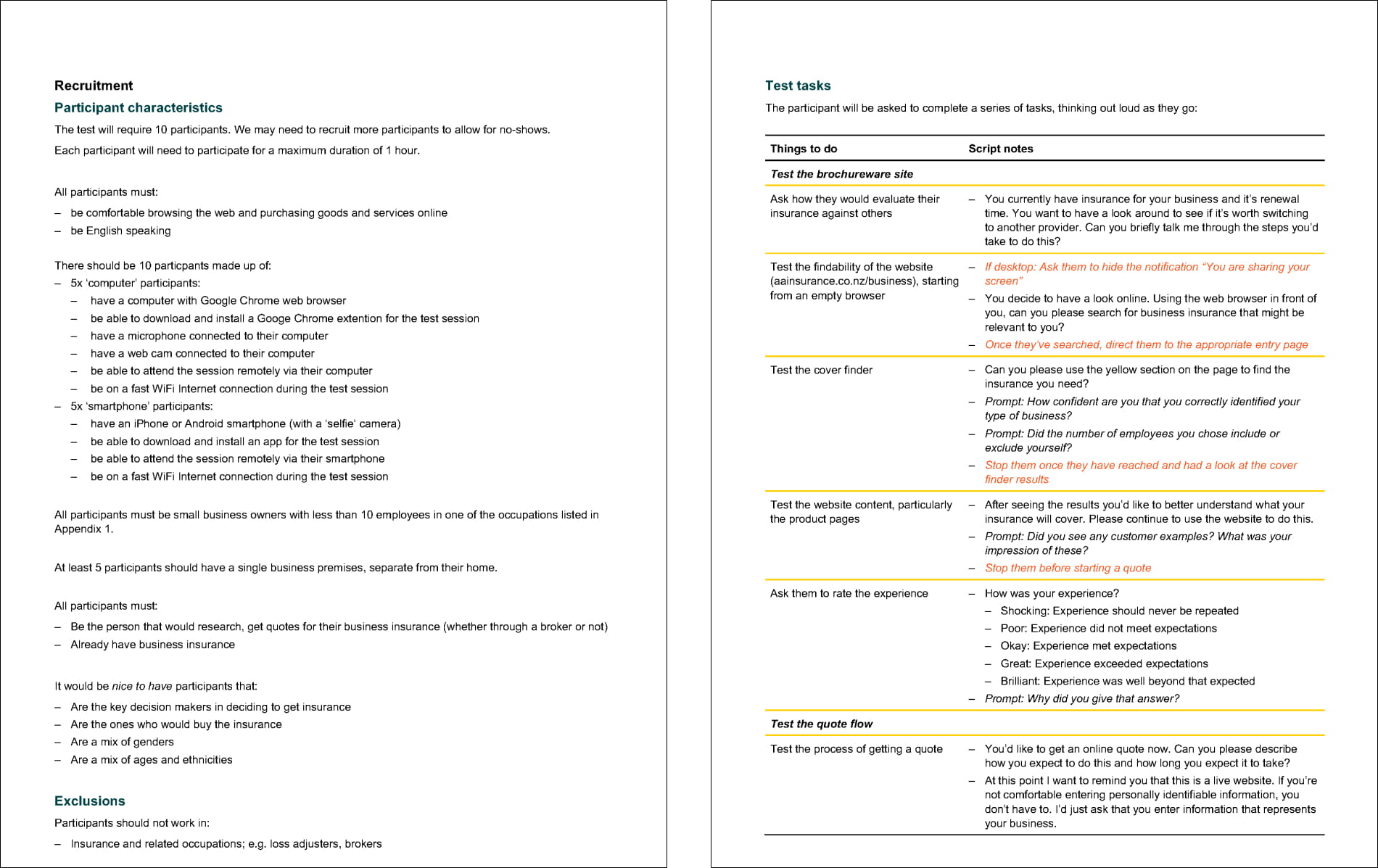 A sample of a test plan document and script, including participant characteristics for recruitment and test tasks.