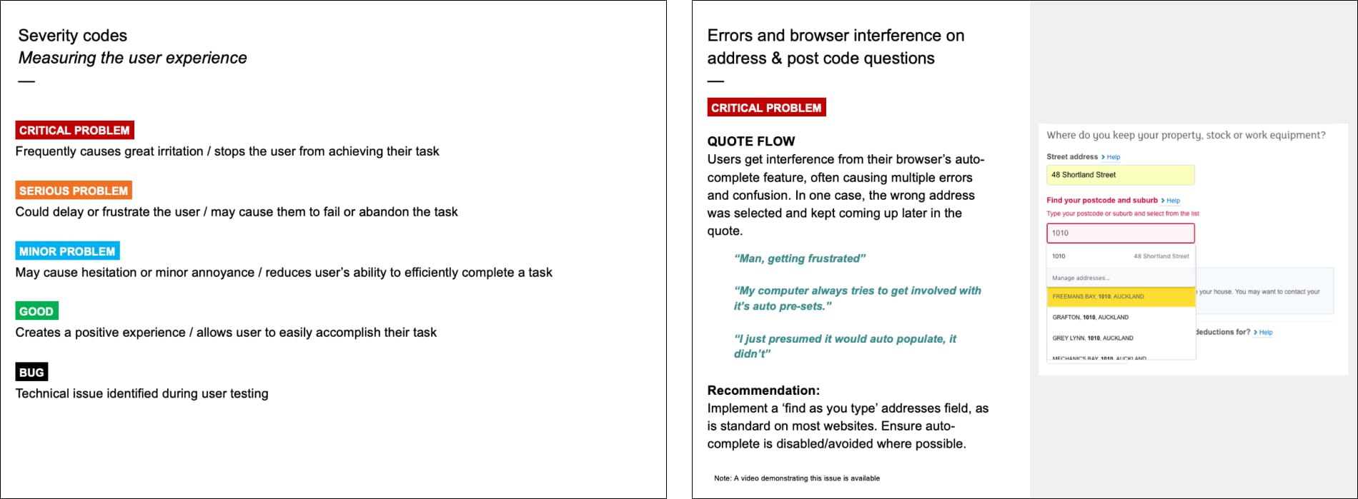 A sample of slides detailing severity codes and presenting findings.