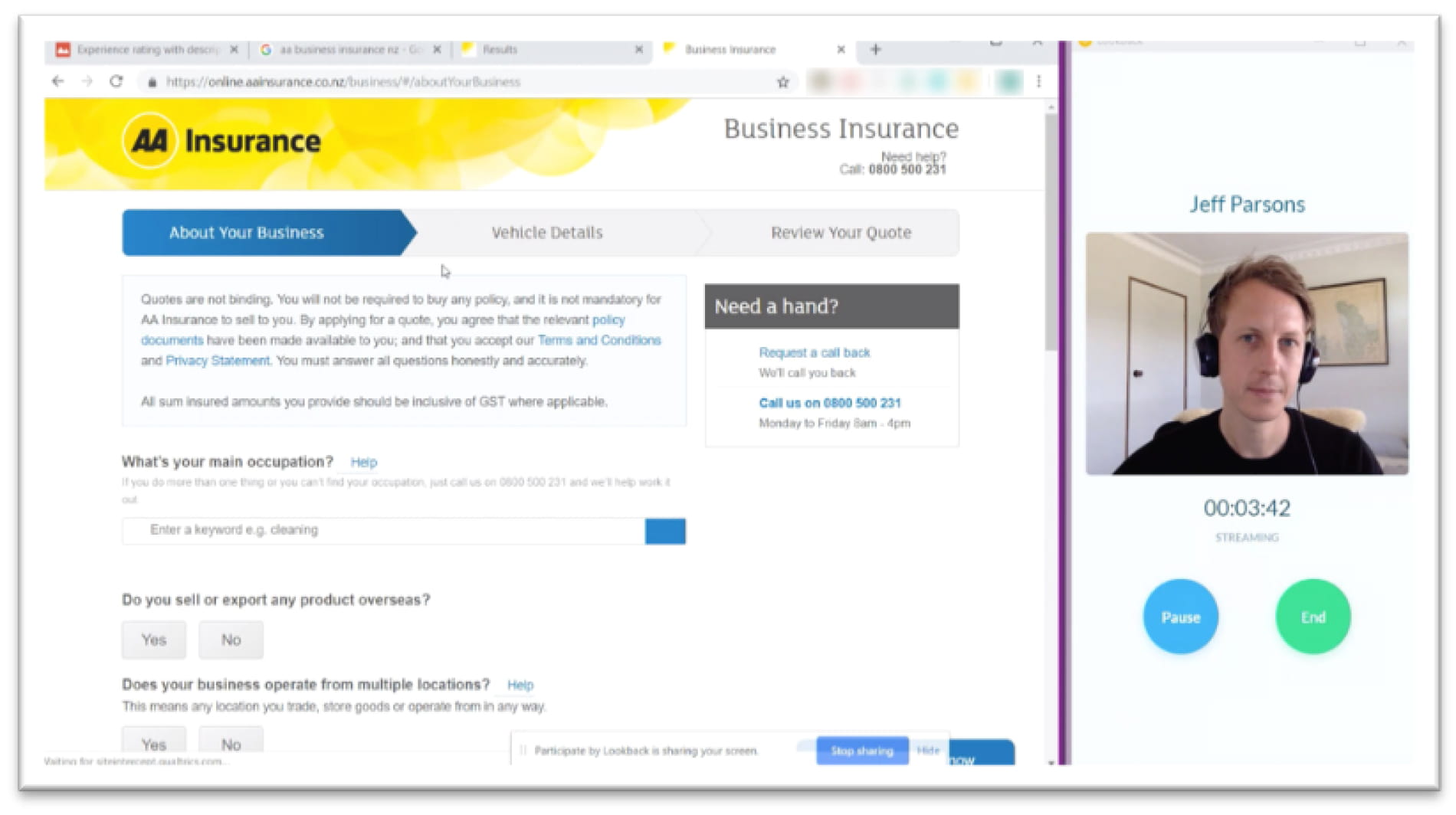 Screenshots of me conducting remote user testing with participants.