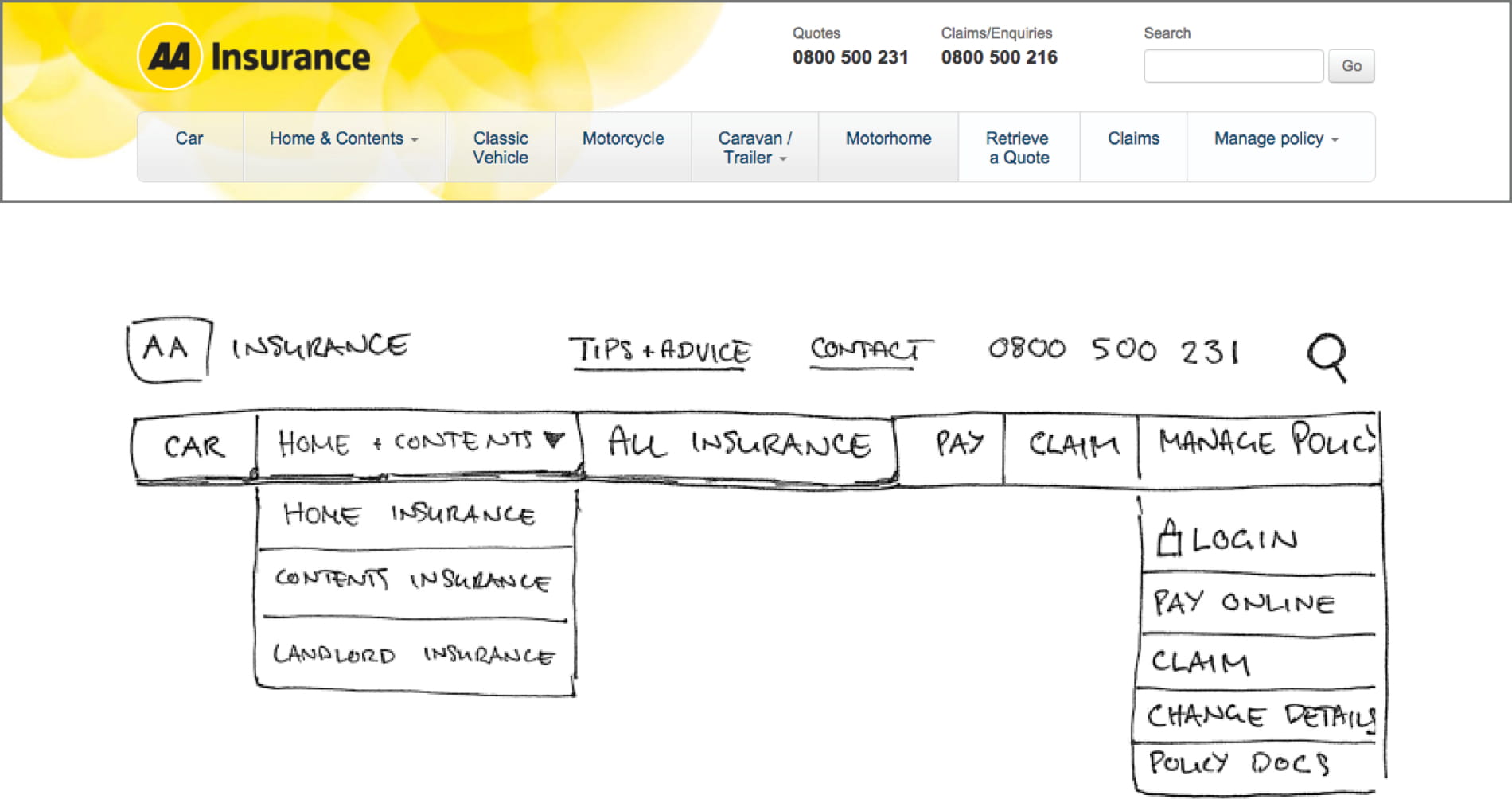 Screenshot of existing website navigation and sketches exploring new navigation.