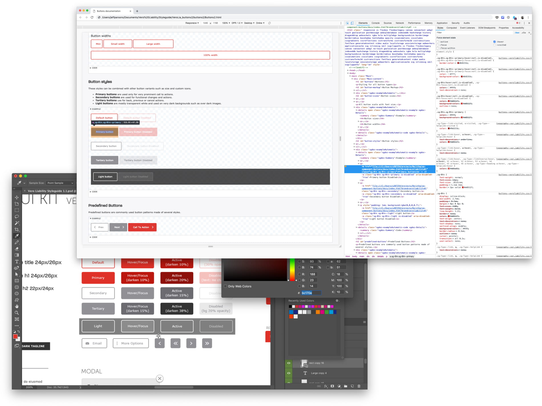 Screenshots of Chrome developer tools and component designs in Photoshop.