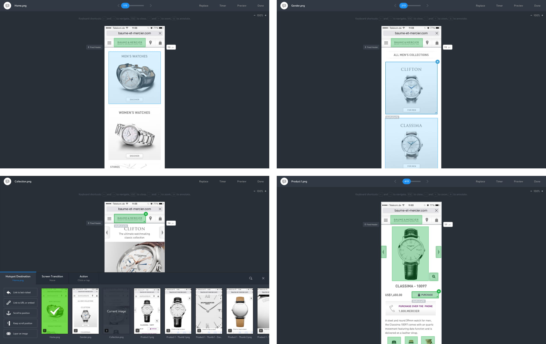 Screenshots of a prototype of the mobile website.