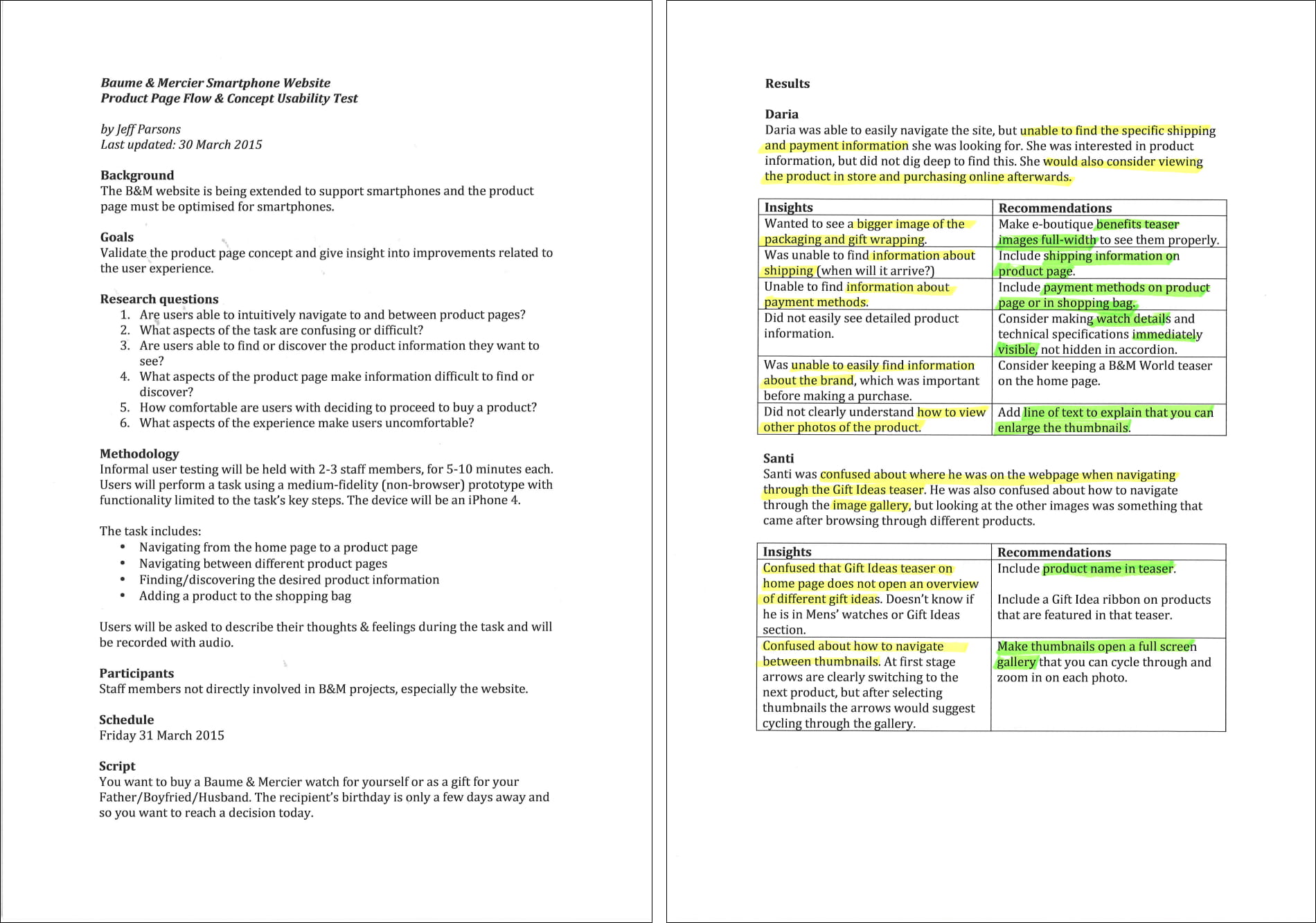 A sample of usability testing documentation, including research questions and results.