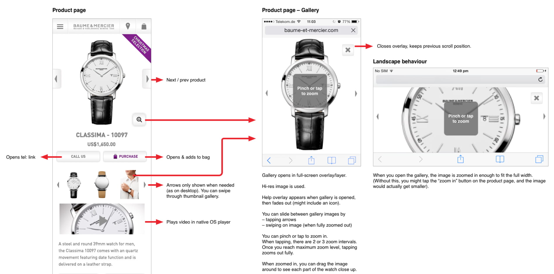 Rough mobile product page mock-ups and specifications.